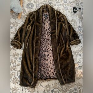 Dennis Basso Dark Brown Faux Fur Coat with Cheetah Lining